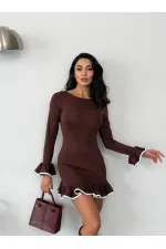 Women's Brown Long Sleeve Flounce and Piping Diving Fabric Mini Dress HZL25W-FRY123401