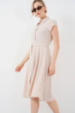 1677 Boydan Düğmeli Kuşaklı Elbise - Krem