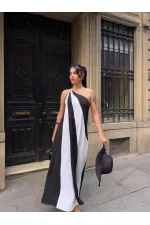 Kadın Siyah Beyaz Parça Bloklu Omuz Detay Elbise HZL25S-DSB107651