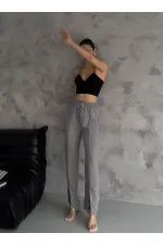 Kadın Gri Lastikli Bel Yırtmaç Detaylı Cepsiz İthal Keten Astarsız Pantolon HZL24S-FRY121941