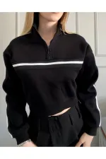 Sweat-shirt à rayures noires et blanches pour femme, col zippé, 3 fils, en relief, HZL24W-ZK12781