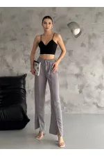 Kadın Gri Lastikli Bel Yırtmaç Detaylı Cepsiz İthal Keten Astarsız Pantolon HZL24S-FRY121941