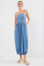Kadın Mavi Ayarlanabilir Askılı Paçası Lastikli Slopet Elbise HZL24S-BD124921