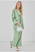 Kadın Çağla Yeşili Keten Bağlama Detaylı Kimono Pantolon İkili Takım HZL26S-BD167271