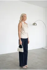 Kadın Krem Halter Yaka Saten Kumaş Sırt Dekolteli Bluz HZL26W-FRY123801