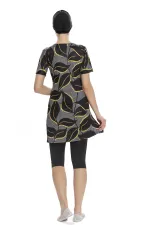 Women's Black Leaf Pattern Short Sleeve Semi-Covered Tights Swimsuit HZL25S-AR202/506