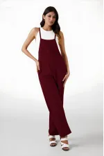 Kadın Bordo Ayarlanabilir Askılı Cepli Bol Paça Bahçıvan Tulum Hzl22s-bd170191