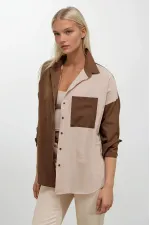 Kadın Kahverengi Krem Renk Bloklu  Poplin Basic Gömlek HZL22S-BD1201161