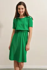 Women's Green Elastic Waist Button Detailed Casual Knitted Dress HZL22S-BD123751