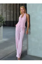 Kadın Pembe Çizgili Önü Fermuarlı Bluz Pantolon İkili Takım HZL25S-ZK13691