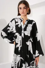 2423 Otantik Desenli Tesettür Elbise - J. Siyah