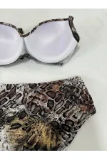 Kadın Kahverengi Leopar Desenli Astarlı Büyük Beden Bikini Takımı HZL25S-LC25006
