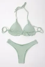 Kadın Çağla Yeşil  Astarlı İp Bağlamalı Yüksel Bel Üçgen Bikini Takım HZL24S-LC2233
