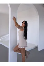 Kadın Krem Eteği Fırfırlı Burgu Kumaş Mini Elbise HZL25S-FRY122971