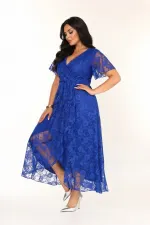 Kadın Saks Mavi Büyük Beden V Yaka Astarlı Dantel Detaylı Şık Abiye Elbise HZL26S-PR11071