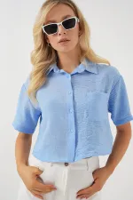 Kadın Kısa Kol Crop Gömlek 20341 - Mavi