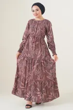 2145 Desenli Tesettür Elbise - Kahverengi
