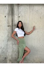 Kadın Yeşil Yüksel Bel Dalgıç Kumaş Asimetrik Kesim Etek HZL25S-ZK11701