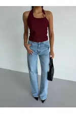 Kadın Bordo Ottoman Kumaş Halter Yaka Toka Detay Bluz HZL26W-FRY123321