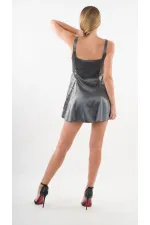 Kadın Antrasit Askılı Önden Düğmeli Cepli Beli Lastikli Şortlu Elbise HZL24S-YY197