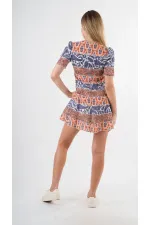 Kadın Lacivert Orange Etnik Desenli Bisiklet Yaka Astarsız Elbise HZL24S-YY238