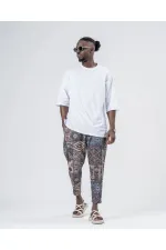 Pantalon de survêtement coupe droite à motif Kilim bleu camel pour homme, taille nouée, HZL24S-MXC8948-266