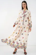 Robe longue hijab à motifs pour femme 2585 - Beige clair