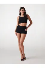 Women's Black Shorts Bustier Shiny Fabric Swim Bikini Set HZL23S-AR17541