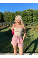 Kadın Gül Kurusu Beli Lastikli Yırtmaç Detaylı Cepli Keten Şort HZL24S-ZK11071