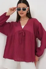 Women's Front Lace-Up Long-Sleeve Blouse 946 - Burgundy