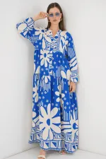 Kadın Desenli Uzun Tesettür Elbise 2585 - Mavi