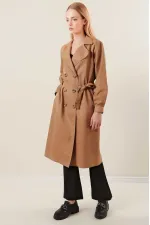 Women's Camel Double-Breasted Belted Unlined Seasonal Comfortable Trench Coat HZL22S-BD158531