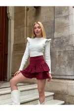 Kadın Bordo Kuş Gözlü Fır Fır Detaylı Mini Etek HZL25W-ZK11391