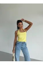 Kadın Sarı Ottoman Kumaş Halter Yaka Toka Detay Bluz HZL26W-FRY123321