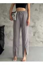 Kadın Gri Lastikli Bel Yırtmaç Detaylı Cepsiz İthal Keten Astarsız Pantolon HZL24S-FRY121941