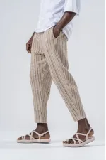 Pantalon de survêtement coupe droite à rayures camel pour homme, avec ceinture nouée à la taille, HZL24S-MXC8948-203