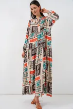 Kadın Desenli Uzun Tesettür Elbise 2585 - Koyu Kahve