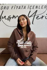 Kadın Kahverengi Baskılı Kapüşonlu Fermuarlı Oversize Sweatshirt HZL24W-ZK12741