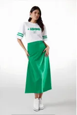 Women's Green Satin Surface Elastic Waist Midi Length Skirt Hzl23S-BD1101471