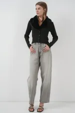 15922 Yakası Kürklü Triko Hırka - Siyah