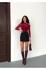 Kadın Bordo Tül Garnili Uzun Kol Şık Rahat Bluz HZL25W-FRY123541