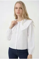 Kadın Beyaz Bebe Yaka Düğmeli Şık Günlük Gömlek HZL26S-BD1203141