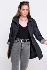 Trench-coat noir doublé pour femme avec cordon de serrage et poches détaillées à la taille HZL22W-BD156691