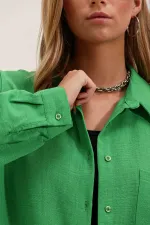Women's Green Single Pocket Oversize Linen Ayrobin Shirt HZL24S-BD1201531