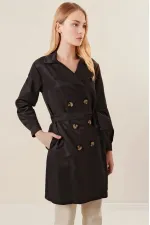 Trench-coat court noir à double boutonnage pour femme, non doublé, confortable et de saison, avec ceinture (HZL23S-BD158641)