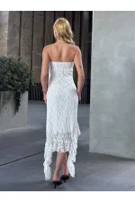 Women's White Halter Neck Strapless Asymmetrical Lined Lace Dress HZL25S-ZK13671