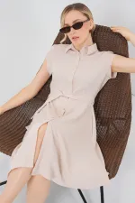 1677 Boydan Düğmeli Kuşaklı Elbise - Krem