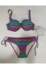 Kadın Fuşya Çok Renkli Etnik Desen Atarlı Bikini Takımı HZL25S-LC8004
