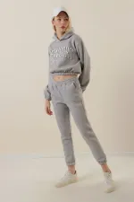 Women's Gray Hooded Printed Polar Fleece Top Crop Top with Underwire Tracksuit Set HZL23W-BD1553971