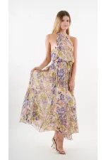 Kadın Mor Çicek Desenli Halter Yaka Kuşaklı Astarlı Uzun Elbise HZL24S-YY233